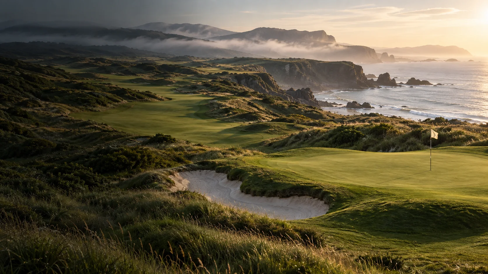 An imagined coastal golf course with a contoured green, sand bunker, and sunlit ocean cliffs